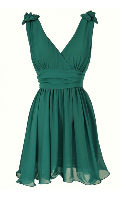 Rosette Shoulder Dress in Hunter Green